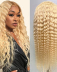 qvr wigs 613 honey blonde lace front human hair deep wave wig
