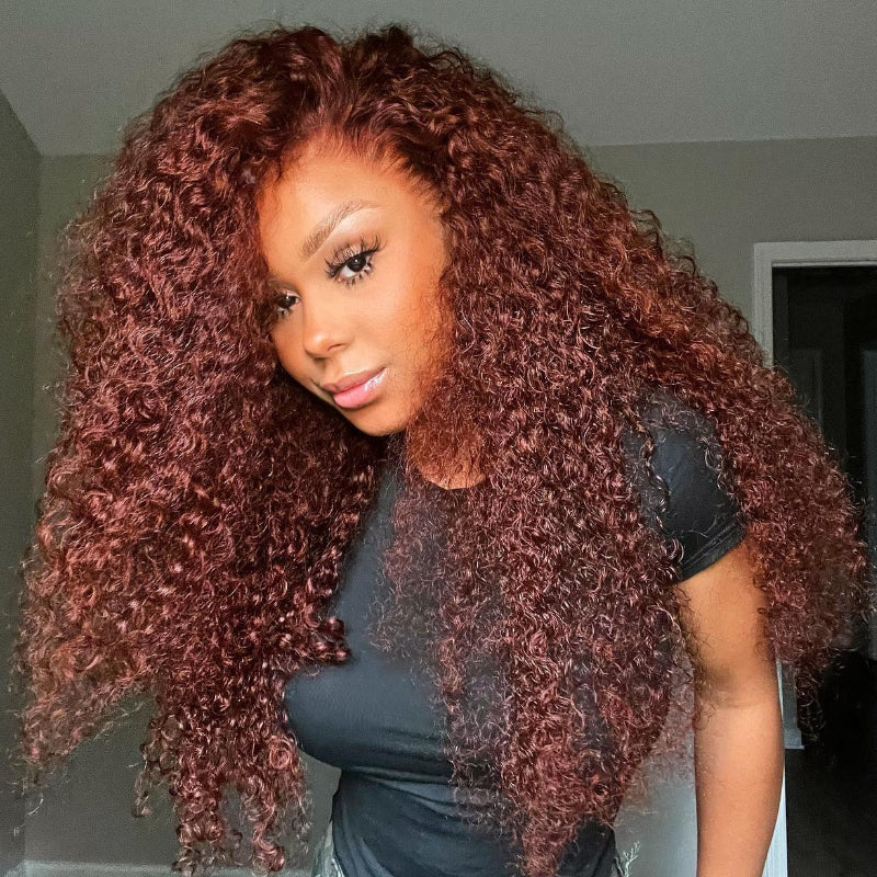 kinky curly glueless wigs in reddish brown for a fierce, striking appearance