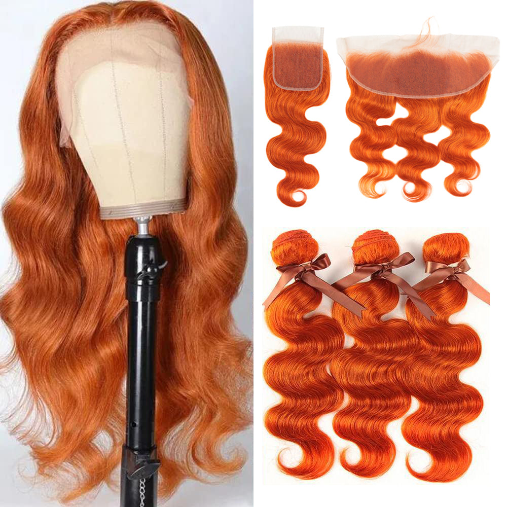 qvr ginger orange body wave human hair bundles with 4x4 and 13x4 lace closure virgin hai weave