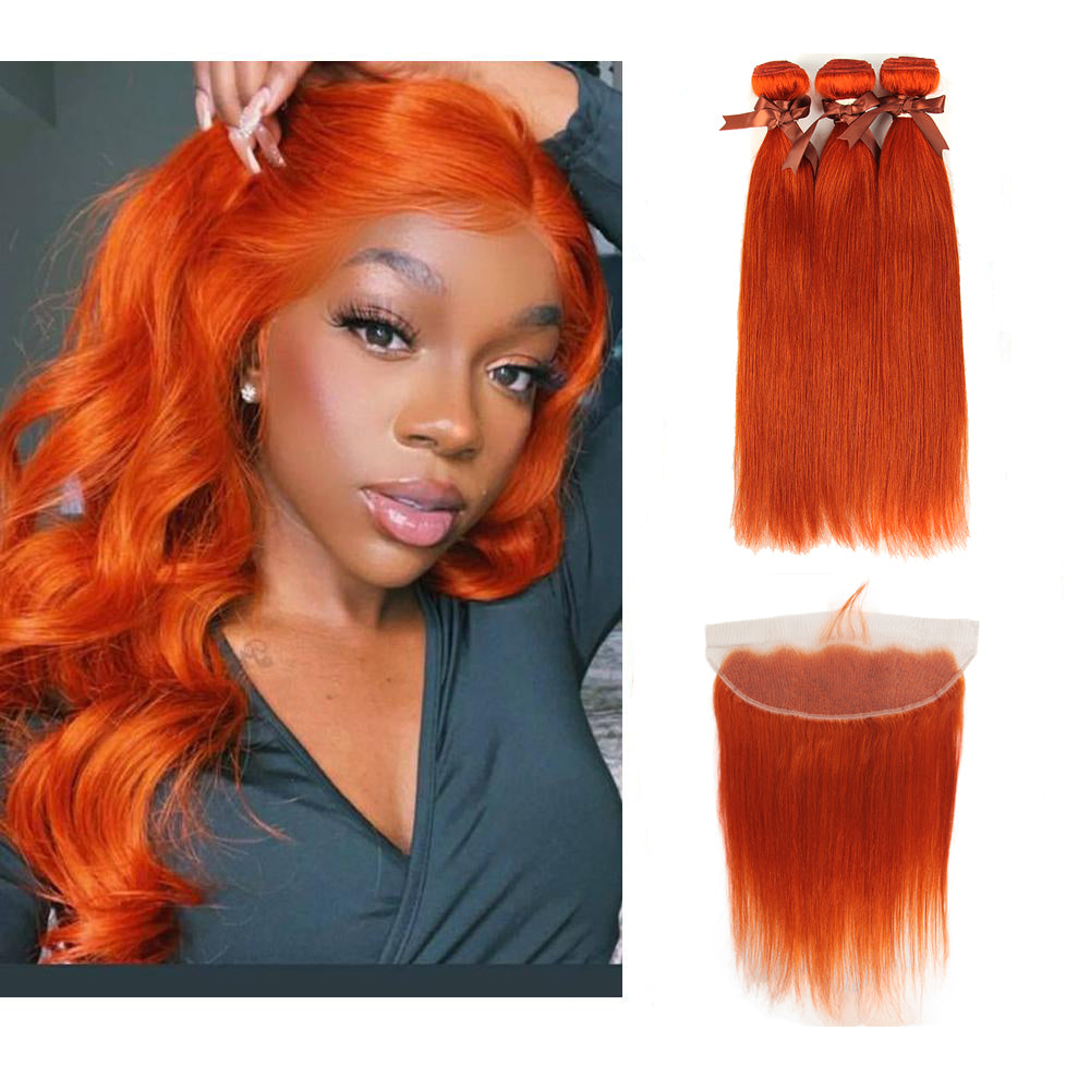 qvr orange silky straight human hair bundles with 13x4 lace closure ginger orange hair