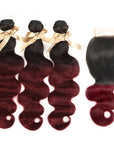 body wave 1b/burgundy ombred human hair bundles with lace closured brazilian hair weave