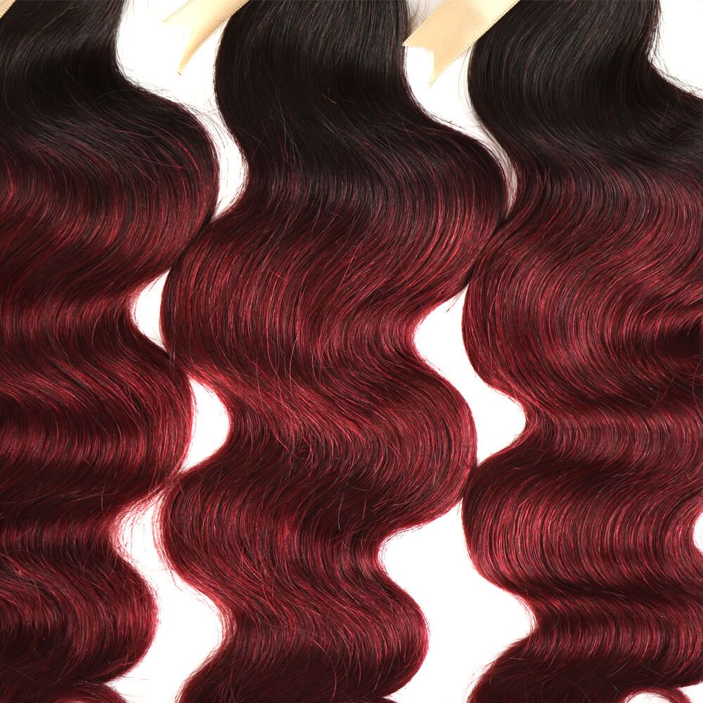 tangle free body wave 1b/burgundy ombred human hair bundles 3pcs