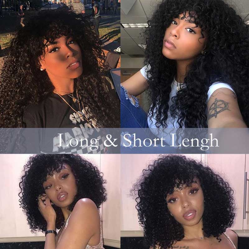 natural black kinky curly bob wigs, 12a grade full machine made wig with bangs for black women