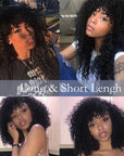 natural black kinky curly bob wigs, 12a grade full machine made wig with bangs for black women