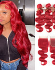 qvr bright red brazilian body wave virgin human hair bundles and hair extension with lace closure