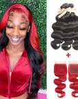 qvr skunk stripe red and black wavy human hair bundles with lace closure virgin human hair weave