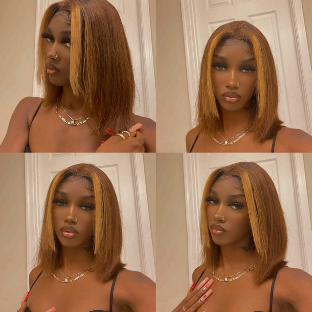 stylish skunk stripe human hair bob wigs chocolate color