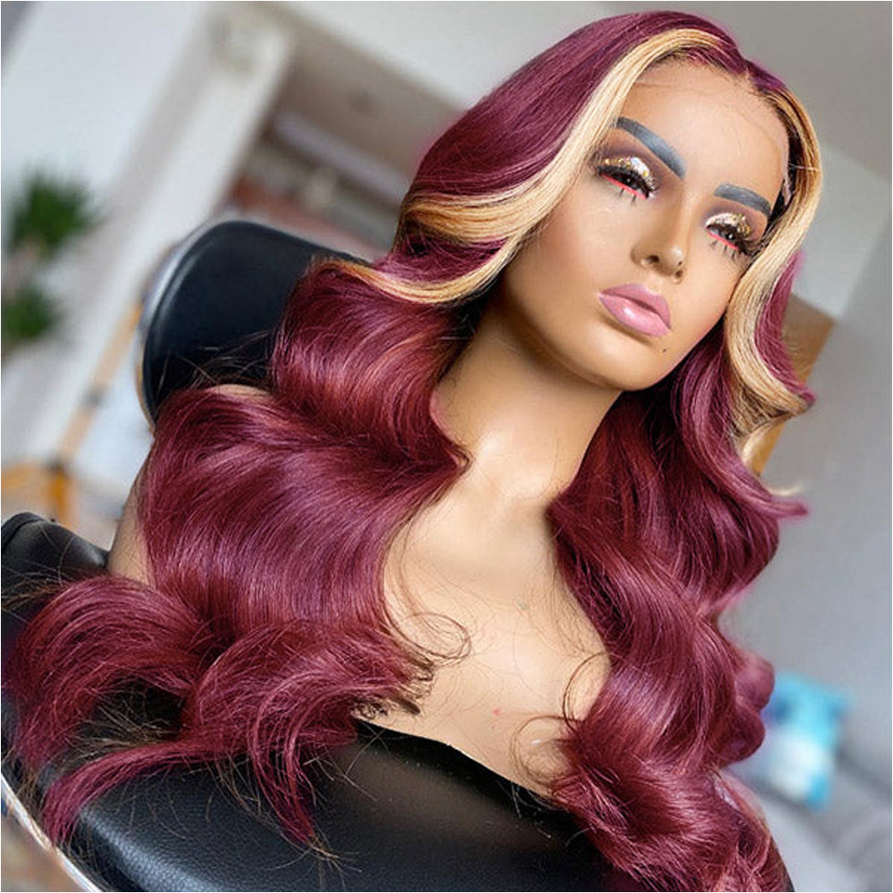 skunk stripe 99j and blonde wavy virgin hair bundles with lace closure human hair weave