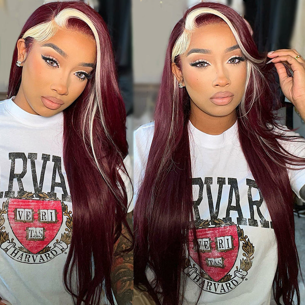skunk stripe burgundy and blonde wavy human hair 3 bundles with lace closure human hair weave