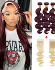qvr skunk stripe 99j and blonde wavy human hair bundles with lace closure human hair weave