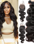 qvr body wave natural black human hair bundles with lace closure virgin human hair