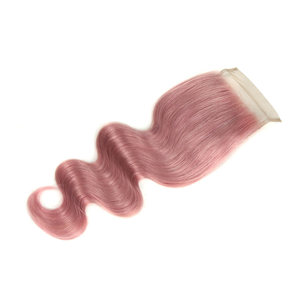 hand tied pink2 body wave human hair weave with 4x4 lace closure