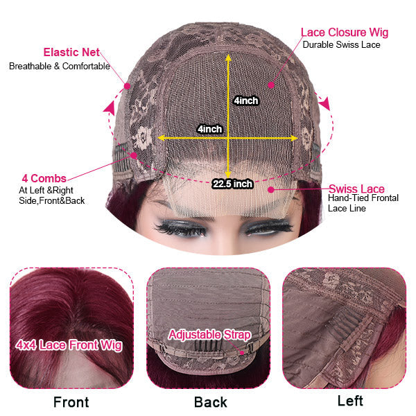 99J HD Lace Wig Body Wave Wig 4x4 Lace Closure Wig Burgundy Human Hair Wig