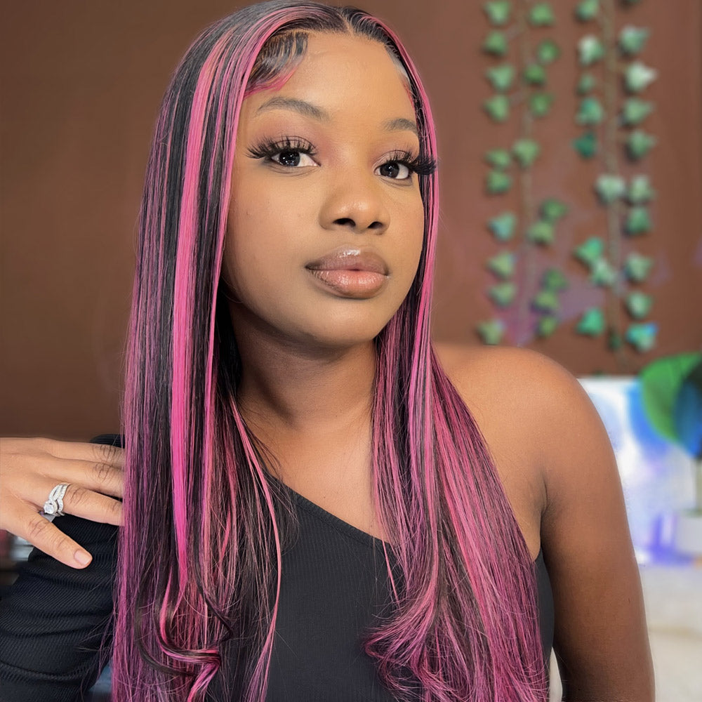 qvr wigs straight lace front wig with vibrant purple highlights