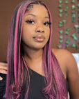 qvr wigs straight lace front wig with vibrant purple highlights